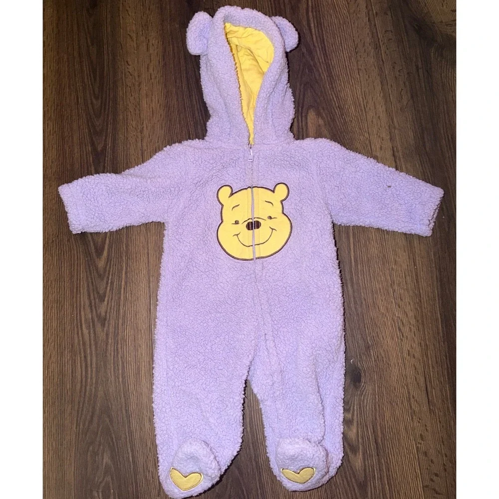 Disney Baby Fleece Pram Suit Kids 0-3M Purple Winnie Pooh Sherpa Hooded Footed